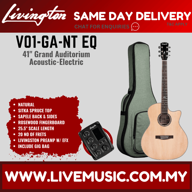 Livingston V01-GA EQ 41" Solid Top Acoustic-Electric Guitar, Rosewood FB, Orange / Natural / Black ( V01 GA V01GAEQ )