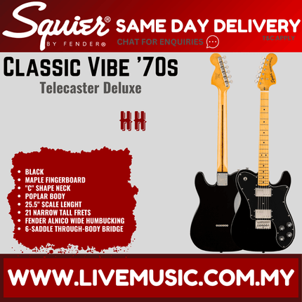 Squier Classic Vibe 70s Telecaster Deluxe Electric Guitar, Maple Fingerboard - Black