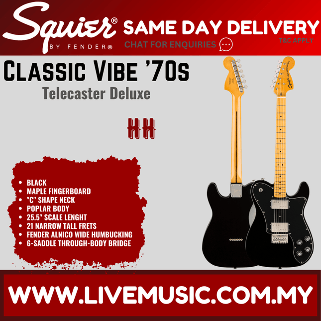 Squier Classic Vibe 70s Telecaster Deluxe Electric Guitar, Maple Fingerboard - Black