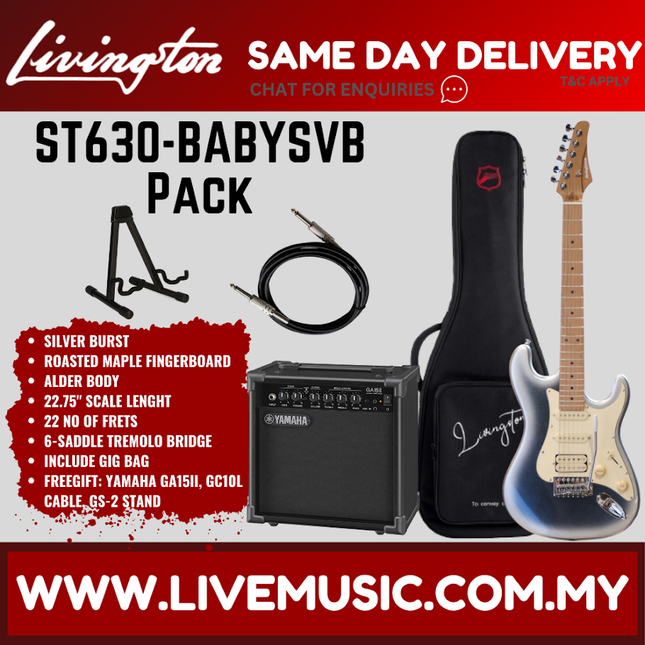 Livingston ST630-BABY Stratocaster HSS Baby Electric Guitar w/GA15II Amplifier, Roasted Maple FB,w/Gig Bag (ST630BABY ST-630 ST 630)