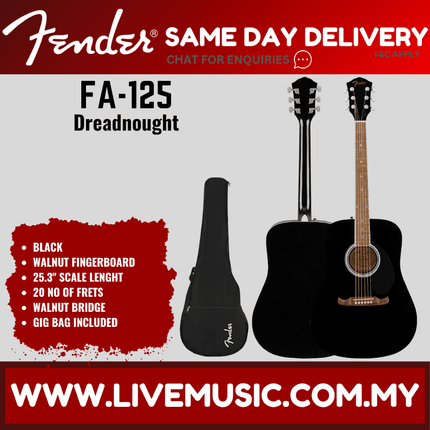 Fender FA-125 Dreadnought Acoustic Guitar with Gig Bag - Black (FA125)