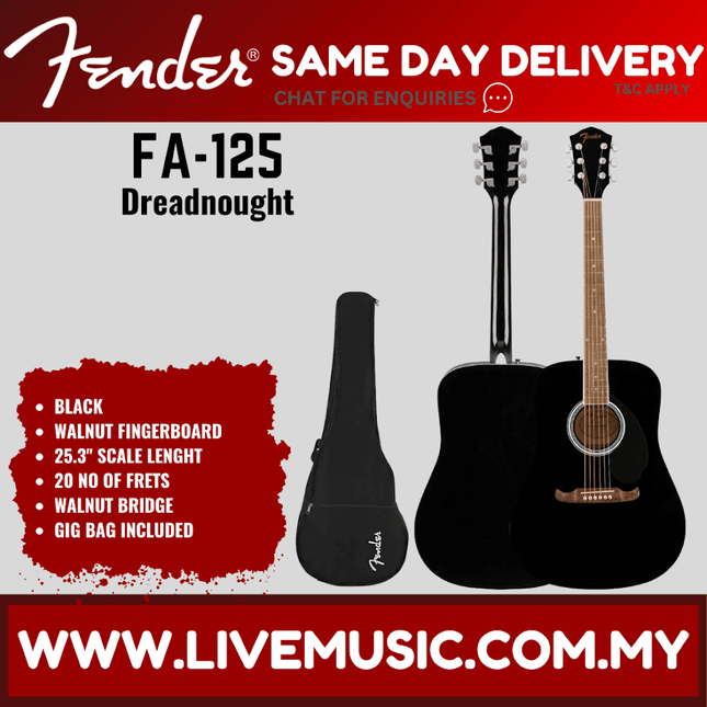 Black dreadnought acoustic guitar with gig bag, FA-125