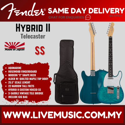 Fender Japan Hybrid II Telecaster Electric Guitar w/Quilt Maple Top, RW FB, Aquamarine