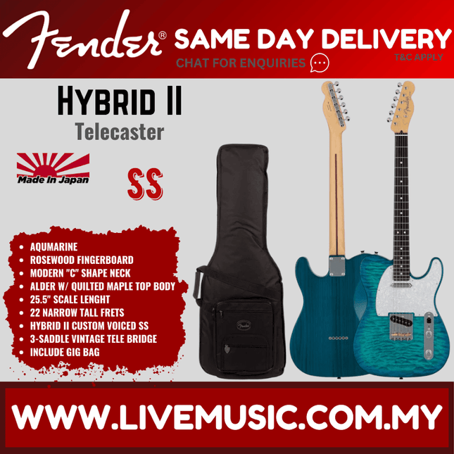 Fender Japan Hybrid II Telecaster Electric Guitar w/Quilt Maple Top, RW FB, Aquamarine