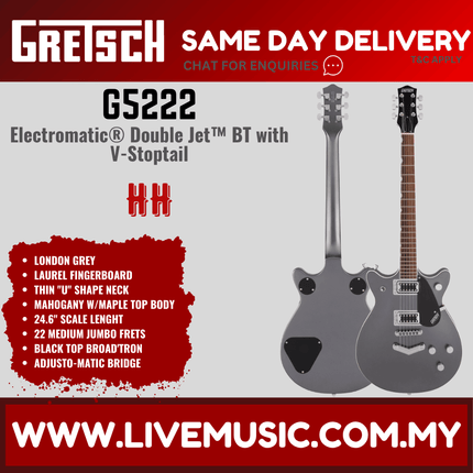 Gretsch G5222 Electromatic Double Jet BT Electric Guitar w/V-Stoptail, Laurel FB, London Grey
