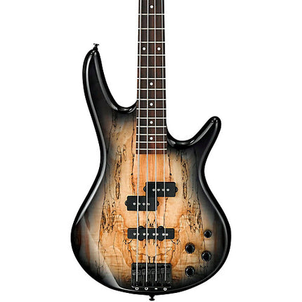 Natural gray burst 4-string electric bass close-up of pickups and bridge