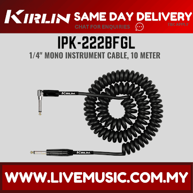 Kirlin IPK-222BFGL 10 Meter Premium Coil L Right Angle Gold Plated Instrument Cable For Electric Acoustic Bass Guitar - Black (IPK 222BFGL/IPK222BFGL)