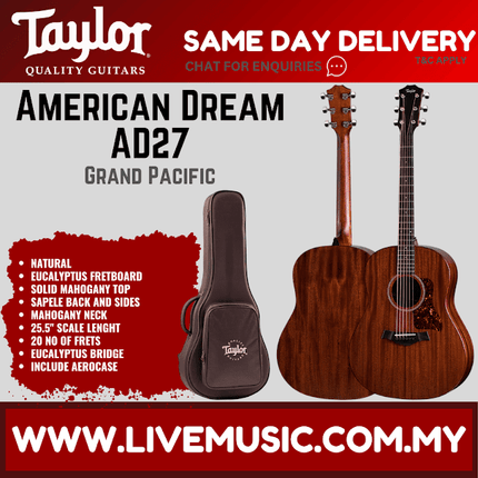 Taylor American Dream AD27 Grand Pacific Mahogany Acoustic Guitar w/AeroCase, Natural