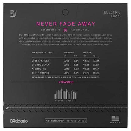 D'Addario XTB45100 XT Nickel Plated Steel Electric Bass String Set (Daddario)