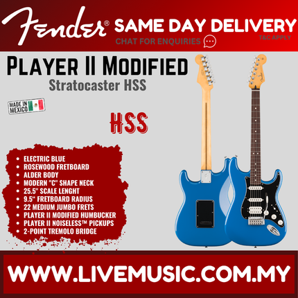 Fender Player II Modified Stratocaster HSS Electric Guitar, RW FB, Electric Blue