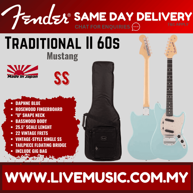 Daphne Blue Fender Mustang electric guitar with gig bag, rosewood fingerboard