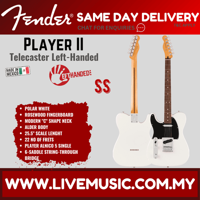 Fender Player II Telecaster Left-handed Electric Guitar, RW FB, Polar White
