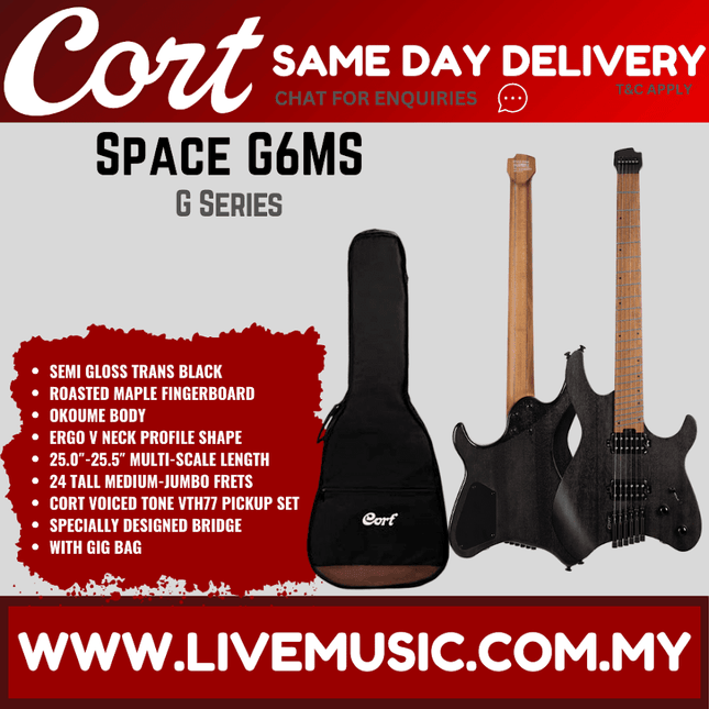 Cort Space G6MS Headless Electric Guitar w/ Gig Bag, Roasted Maple Fingerboard - Semi Gloss Trans Black