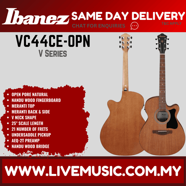 Ibanez VC44CE-OPN V Series Acoustic Electric Guitar, Open Pore Natural ( VC44CE OPN / VC44CEOPN )