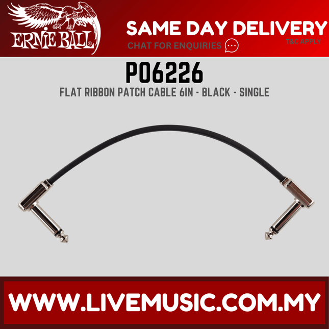 Ernie Ball 6226 Flat Ribbon Pedalboard Patch Cable, Right Angle to Right Angle, 6 Inch