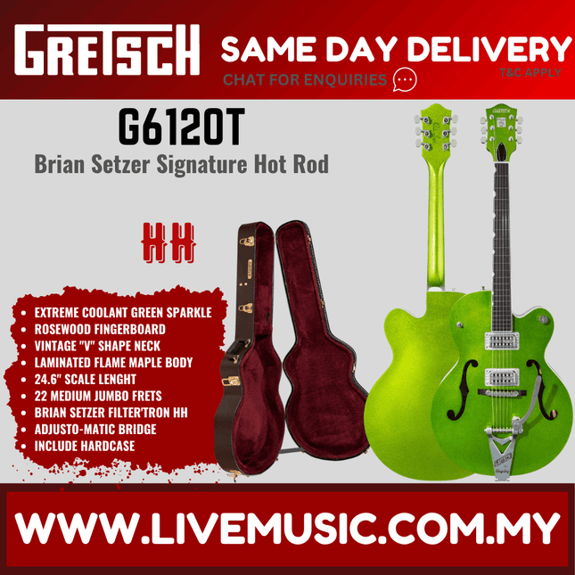 Gretsch G6120T Brian Setzer Signature Hot Rod Electric Guitar, Extreme Coolant Green Sparkle