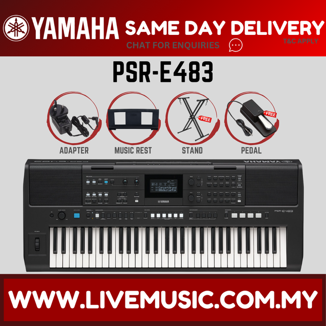 Yamaha PSR-E483 61-key Portable Keyboard With Adapter ( PSR E483 PSRE483 ) Replace PSR-E473 PSRE473