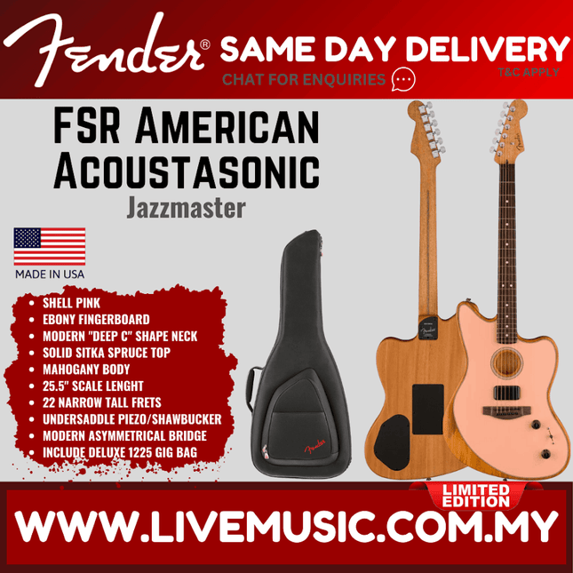 Shell pink Acoustasonic Jazzmaster acoustic guitar with dark case bag, shown front and back