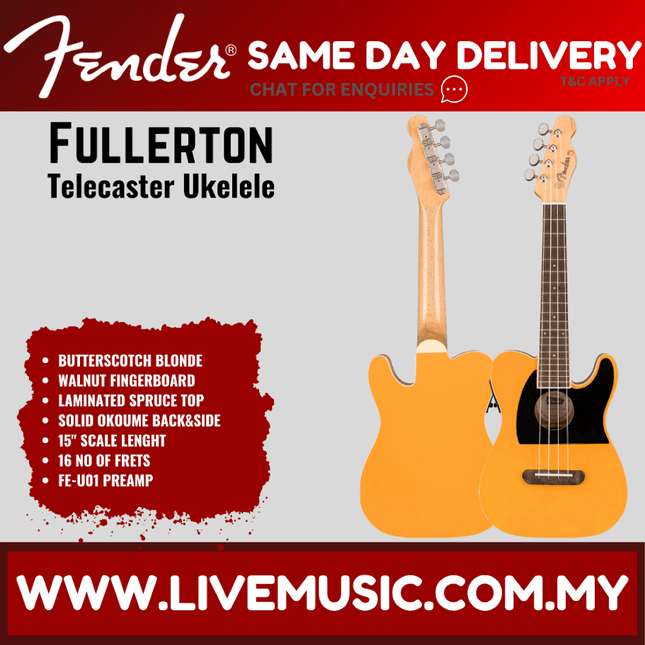 Fender Fullerton Telecaster Ukulele, Walnut FB, Butterscotch Blonde