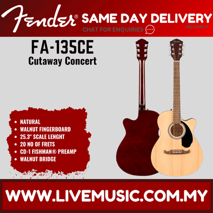 Fender FA-135CE Concert Acoustic Guitar, Walnut FB, Natural ( FA 135CE / FA135CE )
