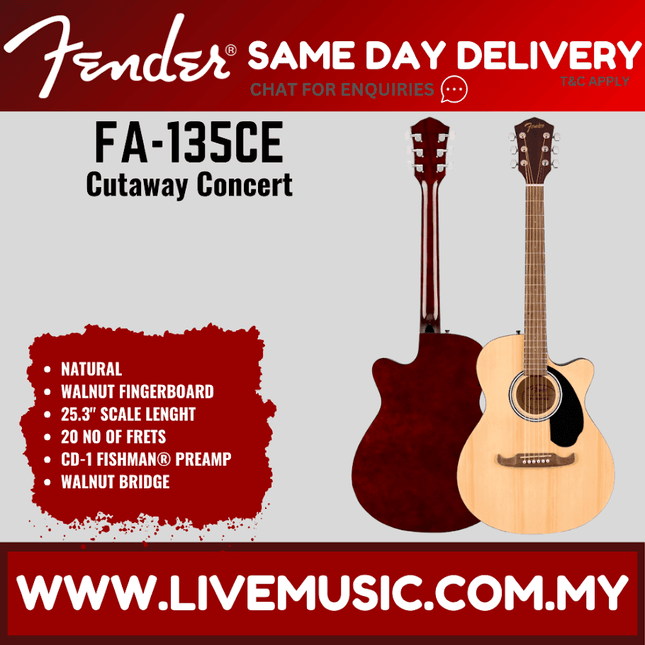 Fender FA-135CE Concert Acoustic Guitar, Walnut FB, Natural ( FA 135CE / FA135CE )
