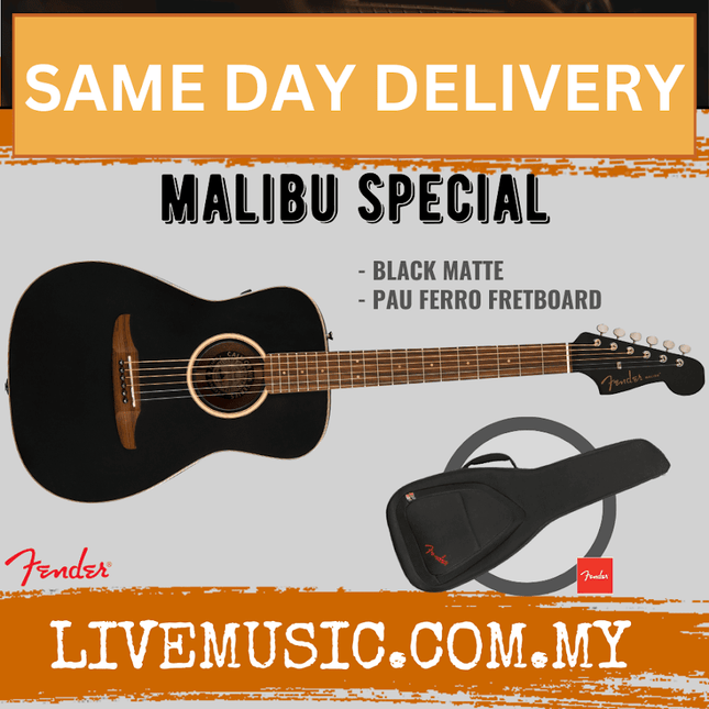 Matte black small-bodied acoustic-electric guitar with round sound hole and gig bag