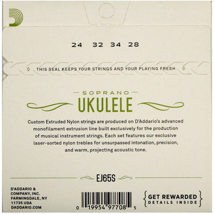 D'Addario EJ65S Pro-Arte Custom Extruded Ukulele Strings - .024-.034 Soprano (EJ-65S/DAddario)