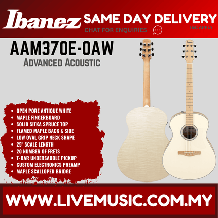 Ibanez AAM370E-OAW Advanced Acoustic Series Acoustic Electric Guitar, Open Pore Antique White ( AAM370E OAW / AAM370EOAW )