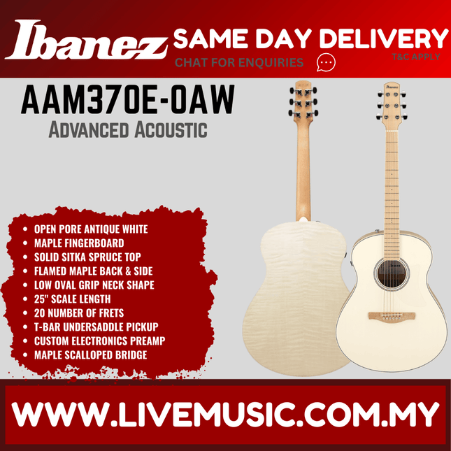 Ibanez AAM370E-OAW Advanced Acoustic Series Acoustic Electric Guitar, Open Pore Antique White ( AAM370E OAW / AAM370EOAW )
