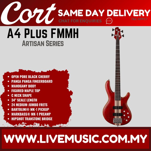 Cort A4 Plus FMMH 4-String Bass Guitar Rosewood Fretboard with Bag - Open Pore Black Cherry (A-4/A 4)