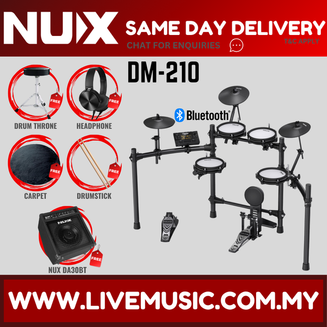 Electronic drum set with Bluetooth controller and pads, shown with NUX DA30BT
