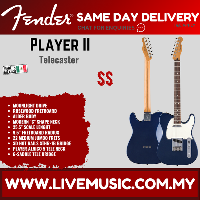 Fender Player II Telecaster Electric Guitar, RW FB, Moonlight Drive