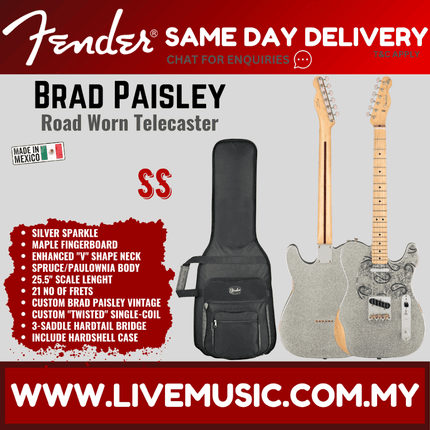 Fender Brad Paisley Road Worn Telecaster Electric Guitar, Maple FB, Silver Sparkle
