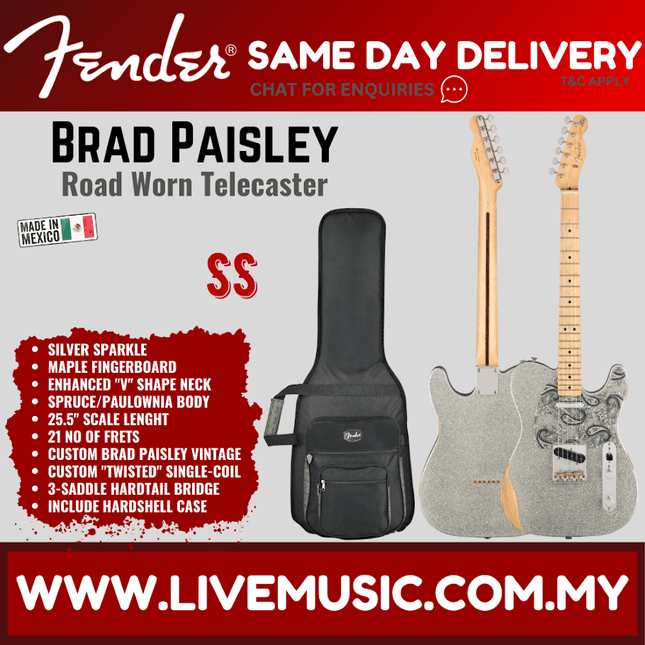 Fender Brad Paisley Road Worn Telecaster Electric Guitar, Maple FB, Silver Sparkle