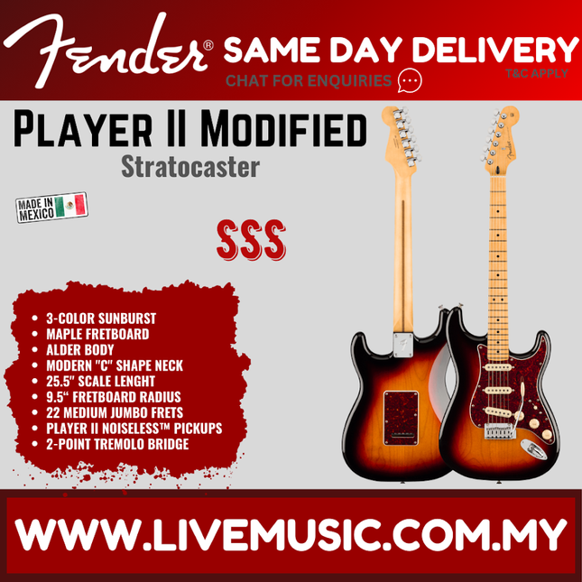 Fender Player II Modified Stratocaster Electric Guitar, Maple FB, 3 Tone Sunburst