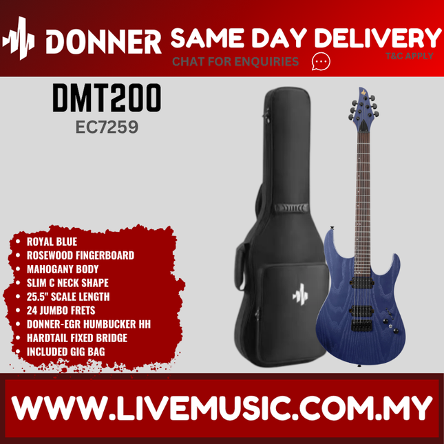 Donner EC7259 DMT-200 Electric Guitar w/Gigbag, Rosewood Fingerboard, Royal Blue ( DMT200 / DMT 200 )