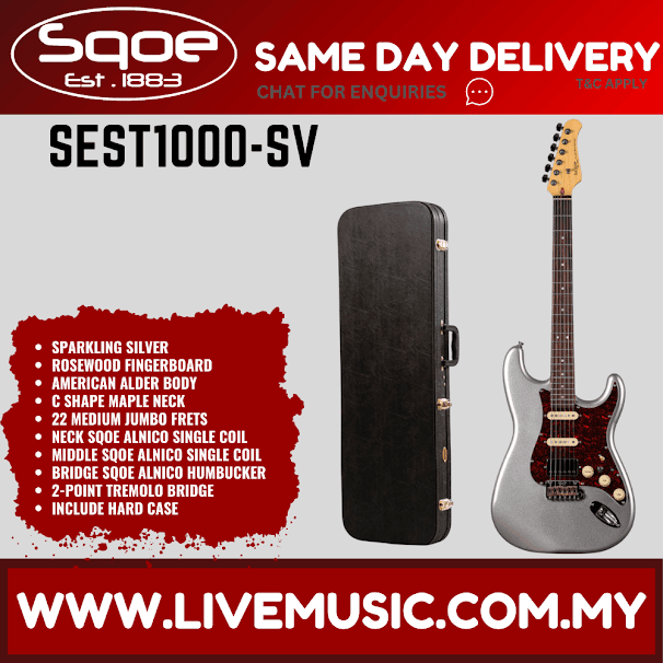 SQOE SEST1000 Stratocaster Custom HSS Electric Guitar w/Gig Bag, Rosewood FB - Sparkling Silver ( SEST-1000 / SEST 1000 )