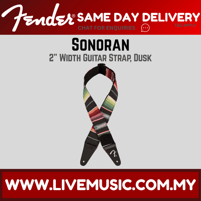 Fender Sonoran 2-inch guitar strap in dusk striped black, red, and green design