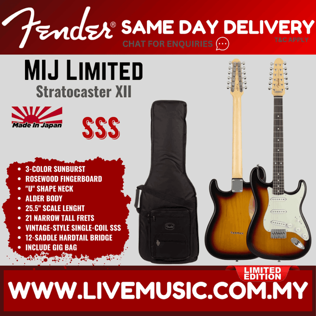 Fender MIJ Limited Stratocaster XII Electric Guitar, RW FB, Olympic White / Lake Placid Blue / 3-Color Sunburst