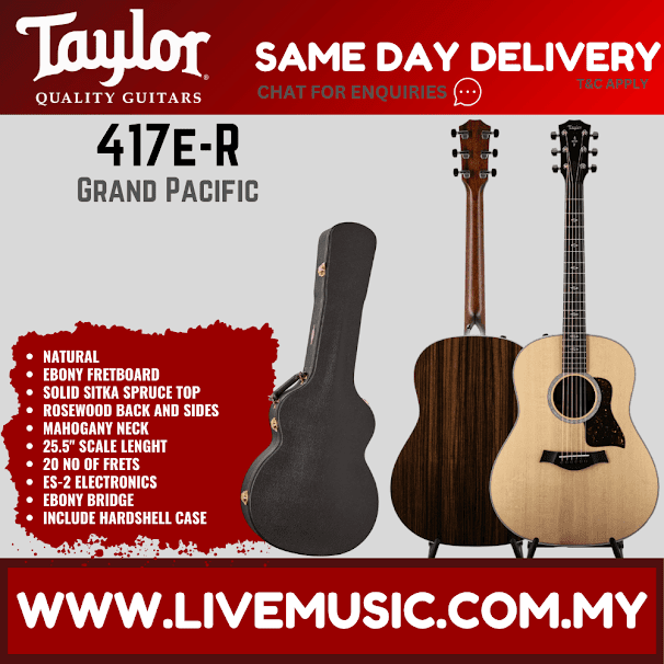 Natural grand acoustic guitar with ebony bridge, includes hard shell case, Taylor 417E-R