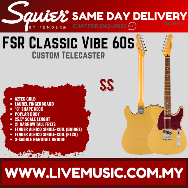 Squier FSR Classic Vibe 60s Custom Telecaster Electric Guitar, Laurel FB, Aztec Gold