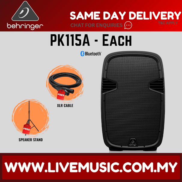 Behringer PK115A Active 800W 15" PA Speaker System with Bluetooth w/Shure SV100 Vocal Microphone, Speaker Stand and Cable - Each ( PK-115A / PK 115A )