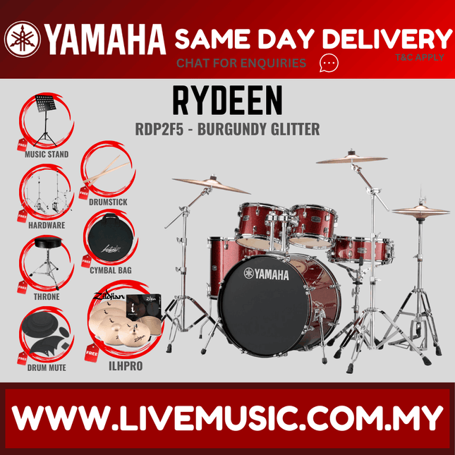 Yamaha Rydeen 5-piece RDP2F5 Acoustic Drum Set with Zildjian ILHPRO Cymbal Set, Drum Mute, Drumsticks and Drum Stool ( RDP2F5 )