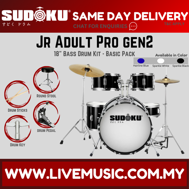 Sudoku Jr Adult PRO Gen2 Junior Acoustic Drum Set Kit with Cymbals, Single Pedal & Accessories - Blue/Black (JRADULTPRO)
