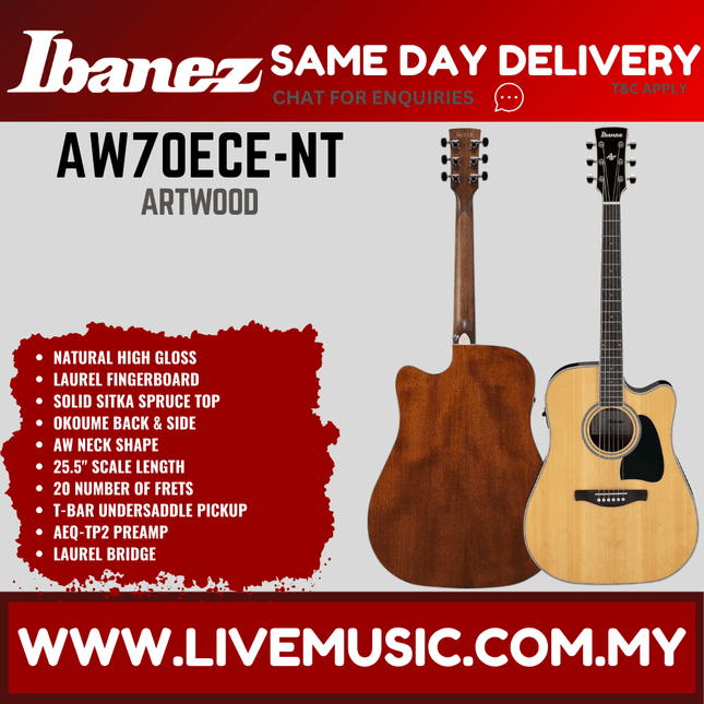 Ibanez AW70ECE-NT Artwood Series Acoustic-Electric Guitar - Natural ( AW70ECE NT / AW70ECENT )