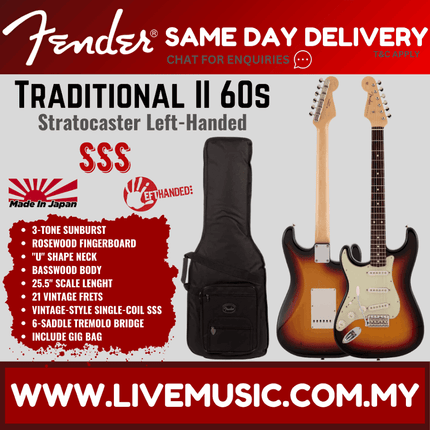 Fender Japan Traditional II 60s Stratocaster Left-Handed Electric Guitar, RW FB, 3-Tone Sunburst