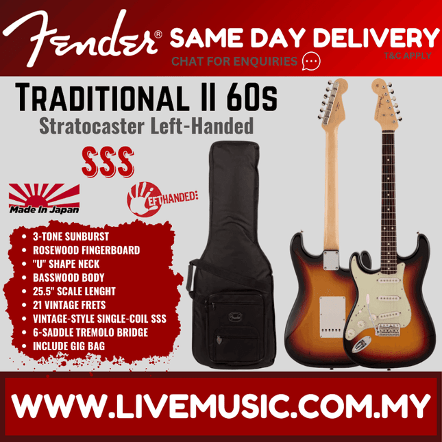 Fender Japan Traditional II 60s Stratocaster Left-Handed Electric Guitar, RW FB, 3-Tone Sunburst