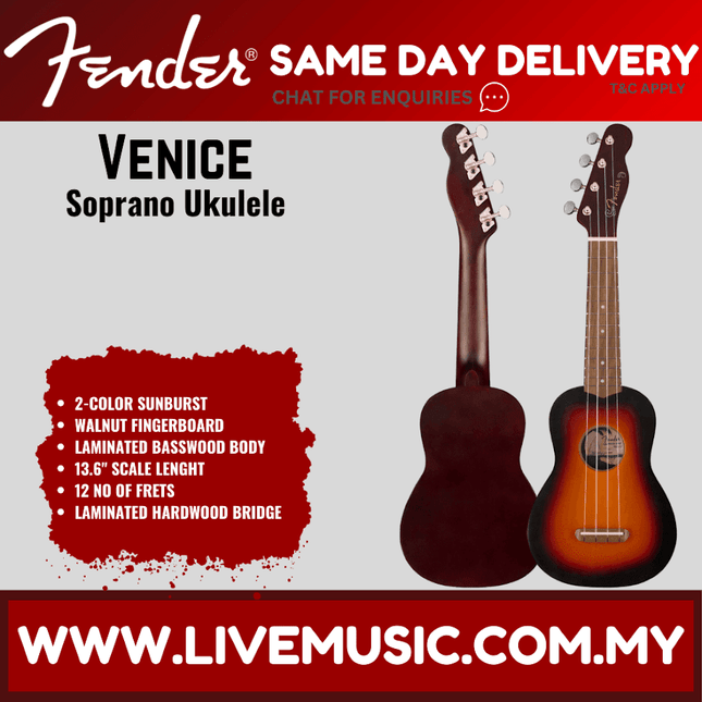 Fender Venice Soprano Ukulele, Walnut Fretboard