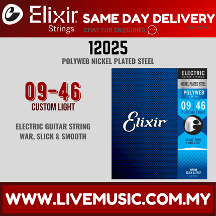 Elixir 12025 Polyweb Custom Light Electric Guitar Strings, 09-46