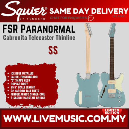 Squier FSR Cabronita Thinline Telecaster Electric Guitar, Laurel FB, Ice Blue Metallic
